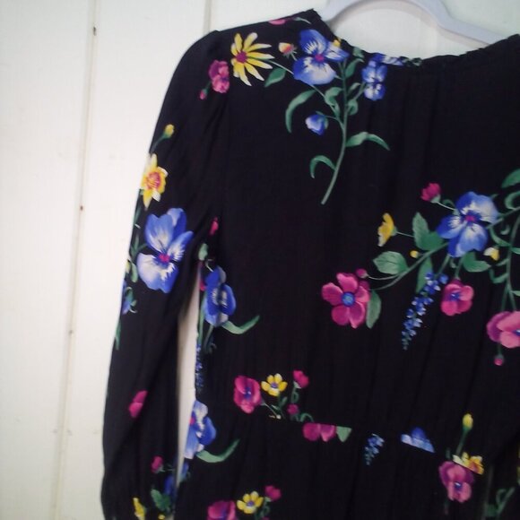 Old Navy Dress Women S Long Sleeve Elastic Waist Floral Black Colorful - Picture 14 of 16
